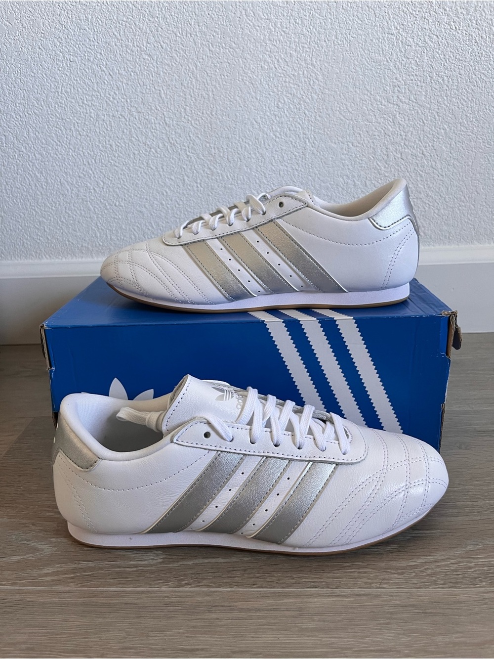 adidas White Leather Sneakers with Silver Three-Stripes